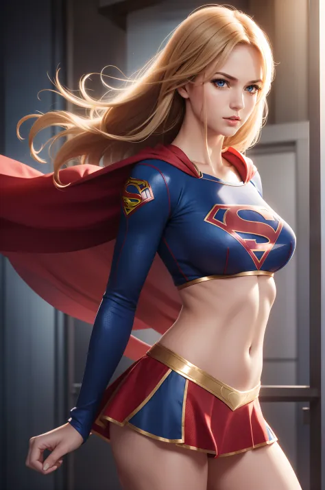 sexy Supergirl in midriff costume, side view,  athletic and fit body, naughty, slutty, perfect hands, detailed hands, perfect eyes, detailed eyes,  flirty, sexy, naughty, posing, hands and arms at sides, large perky boobs, realistic, HDR, UHD, dynamic