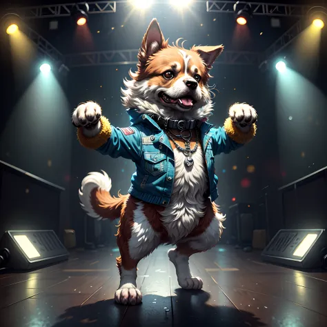 Dog dancing rock on dance floor background, Underground danceclub,tmasterpiece， high high quality， Best quality at best，Rock bal...