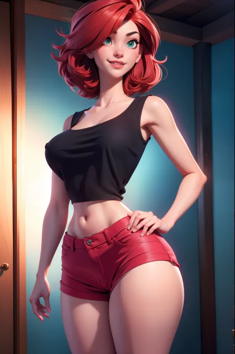 (a beautiful girl with elegant short red hair, with a short sleeveless blouse, and short black shorts), sorriso seductive, detailed hair with strands covering one eye, green eyes, short pink blouse, navel, slime-colored shorts, skinny, unreal engine 5:1.2,...