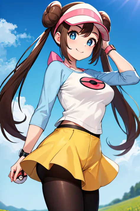 masterpiece, best quality, highres, ro1, hair bun, blue eyes, twintails, visor cap, pantyhose, raglan sleeves, yellow shorts, sh...