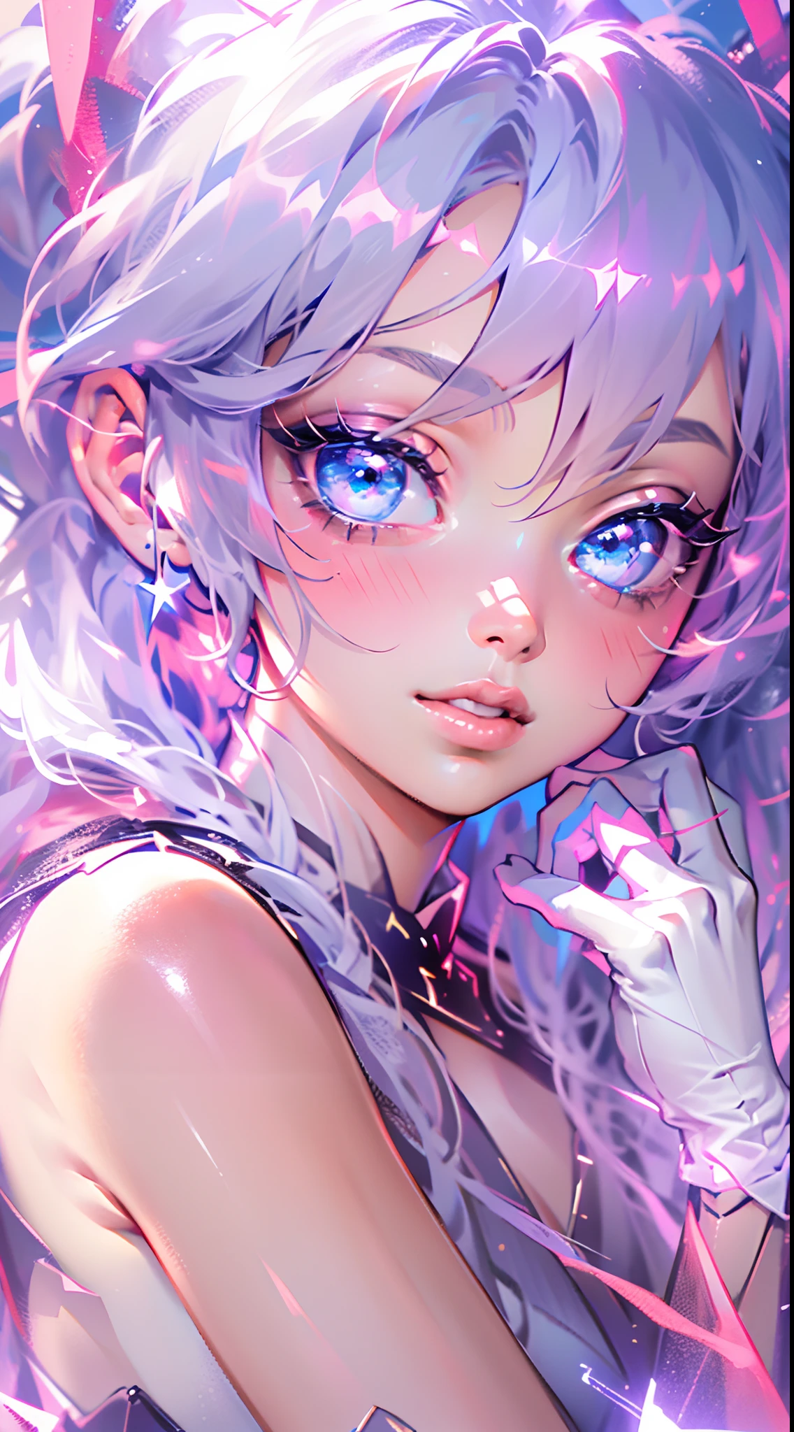 (((tmasterpiece))), 1girll, Hatsune Miku, vocal, Super detailed, hyperrealistic face, (flirty expression), (pink leotard), Blue gloves, Pantyhose, ((Super cute face)), ((Angelic face)), ((Incredibly beautiful eyes)), (glowing light eyes), (full bodyesbian), (luminous hair), Super sexy hair, (Delicate and perfect hands), (Perfect anatomy), Super delicate and sexy body, sexyposture, ((ulzzangs)), (ultra thin face), Exquisite features, ultra - detailed, Better quality, Cinematic lighting, attractive beautiful, sexy looks, Nice star background