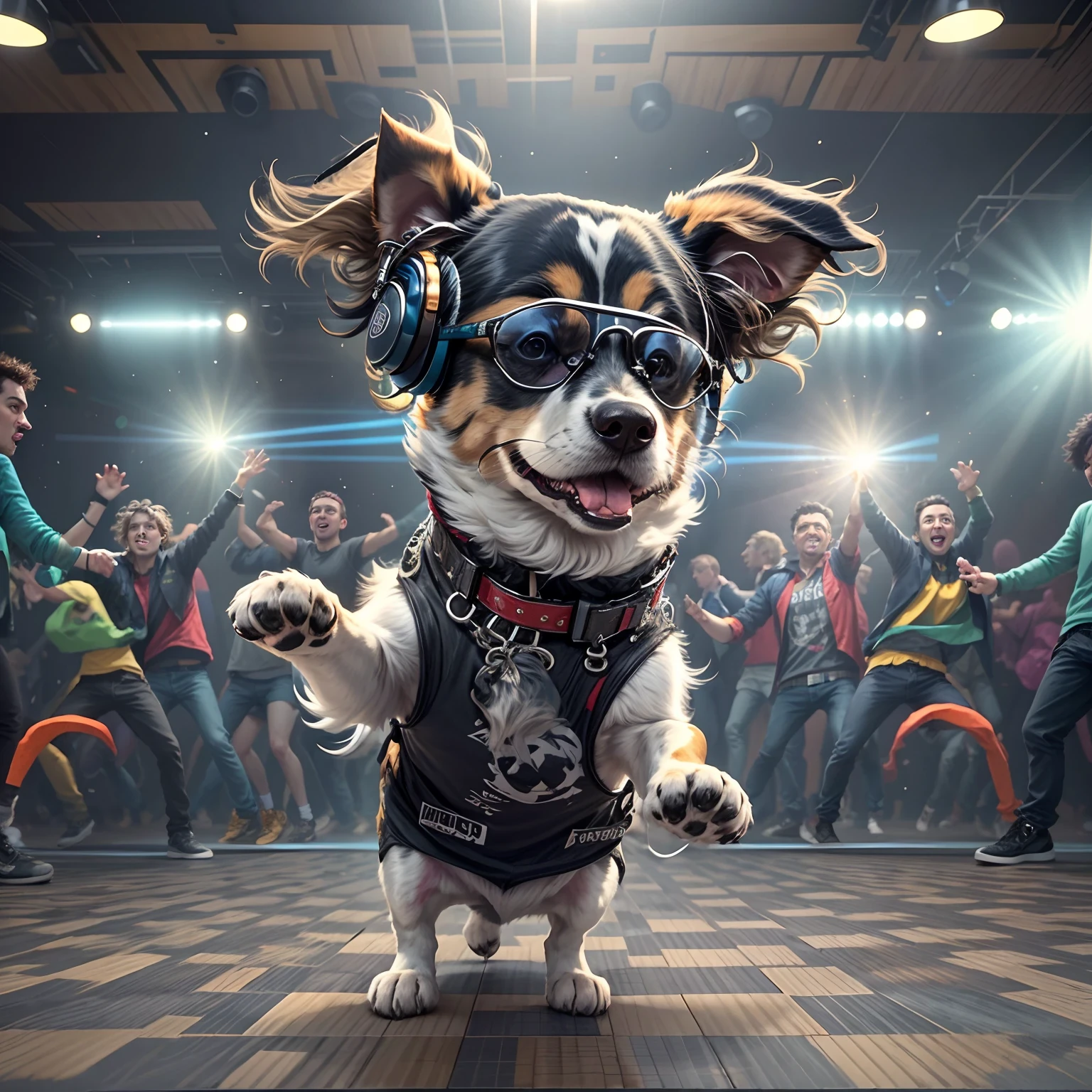 ダンスフロアの背景に犬のダンスロック, アンダーグラウンドダンスクラブ,傑作， 高品質， 最高の品質を最高に，ロックボールルーム，スタイリッシュな犬のDJ，犬がパンクなヘッドフォンを着けている，犬がロック衣装を着る，キロ，8k
