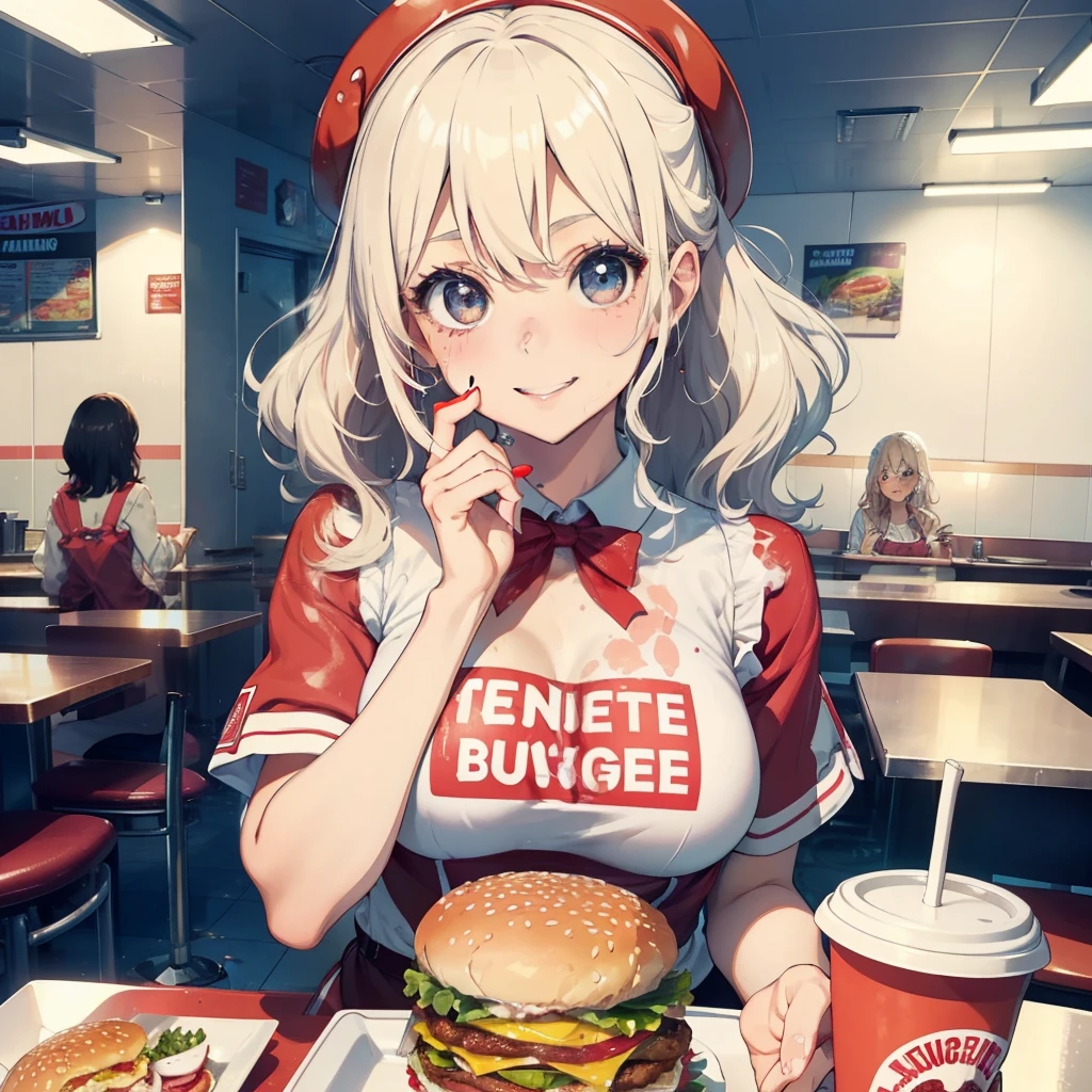 Anime girl with a hamburger and a drink in a diner - SeaArt AI