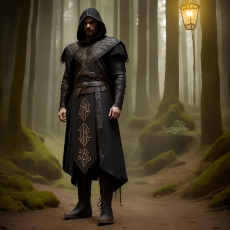 RPG model: a man dressed in a gothic costume decorated with runes , stands in full growth , His boots are visible , Front light.