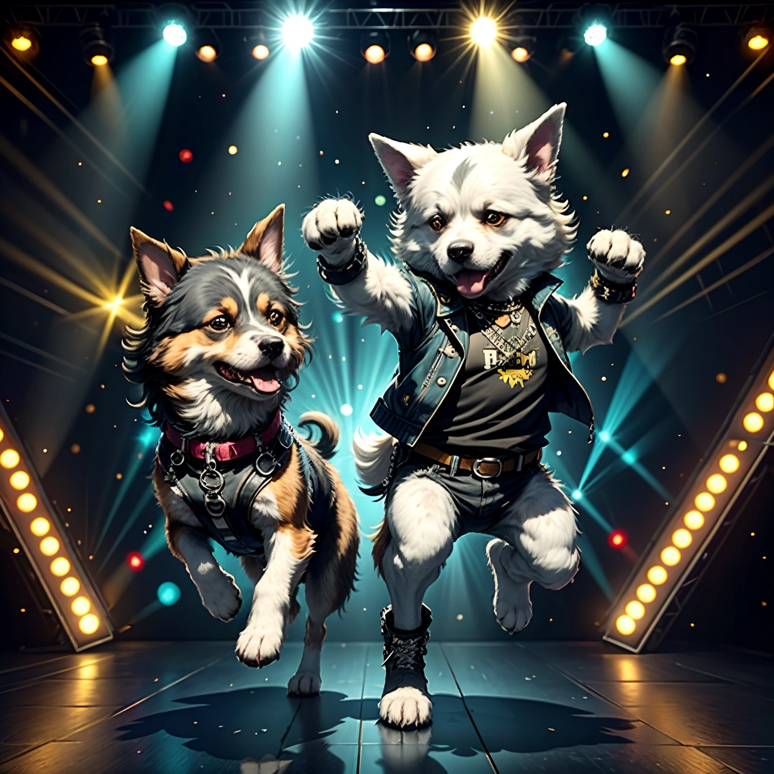 Dog dancing rock on dance floor background, Underground danceclub,tmasterpiece， high high quality， Best quality at best，Rock ballroom，Stylish dog DJ，Dogs wear punk headphones，Dogs wear rock costumes，k hd，8K