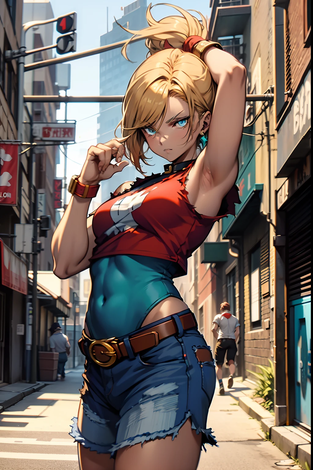 Golden Shorthair, turquoise Eyes, Red sleek polar sleeveless cropped tee, Ripped micro denim puck, Brown leather belt, Kicking posture, New York back-alley background, The King of Fighters' Blue Marie Reference;