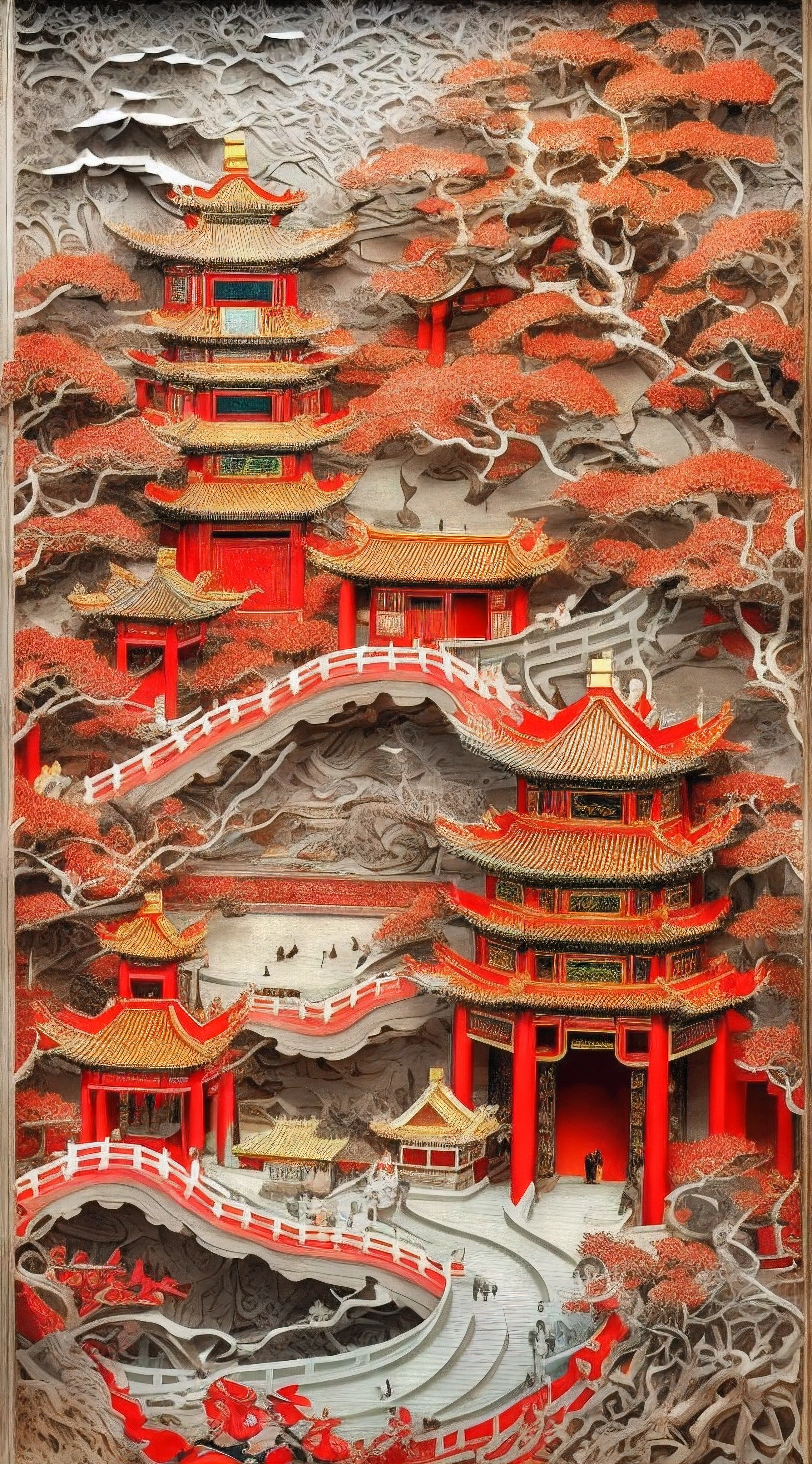 (best quality,4k,highres,masterpiece:1.2),medium:paper-cutting,castle,colorful,traditional art,elaborate design,vivid colors,great attention to detail,bright red and gold tones,impressive architecture,exquisite paper craftsmanship,meticulous hand-cut patterns,delicate and intricate edges,grand and majestic appearance,authentic Chinese cultural heritage,floral motifs and mythical creatures blending together,celebration of Chinese art and tradition,awe-inspiring craftmanship,striking contrast between the intricate paper-cutting and the solid castle structure,expressive and lively atmosphere,meticulously crafted windows and doors,beautiful natural scenery surrounding the castle,harmonious blend of traditional and modern elements,enchanting and captivating artwork,prominent presence of Chinese culture and history,immersive experience of the ancient Chinese art form,paper-cutting techniques passed down through generations,impressive display of artistic skills and expertise,celebration of color and creativity in Chinese culture,dreamlike and whimsical ambiance,meticulous attention to the smallest details,transcendence of time and space,invitation into a vibrant and magical world,enjoyment of the rich cultural heritage of China through the beauty of paper-cutting.