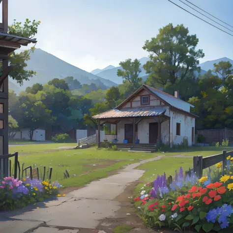 There is a small house with a fence and some flowers in front of it, Cinematographer, A brick cabin in the woods, Casa antigua, ...