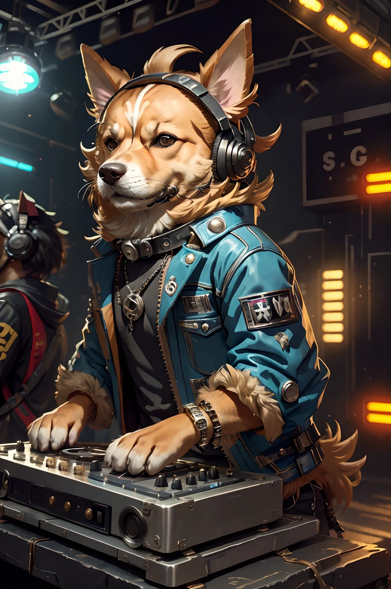 Animal rock stage，Stylish mechanical dog DJ，Dogs wear punk headphones，Dogs wear rock costumes