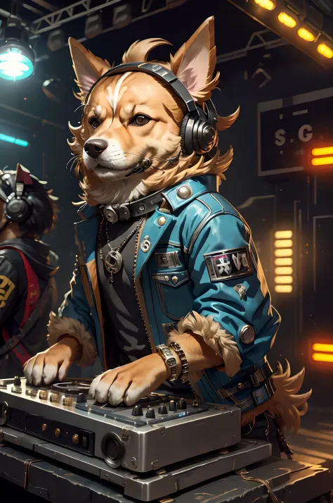 Animal rock stage，Stylish mechanical dog DJ，Dogs wear punk headphones，Dogs wear rock costumes