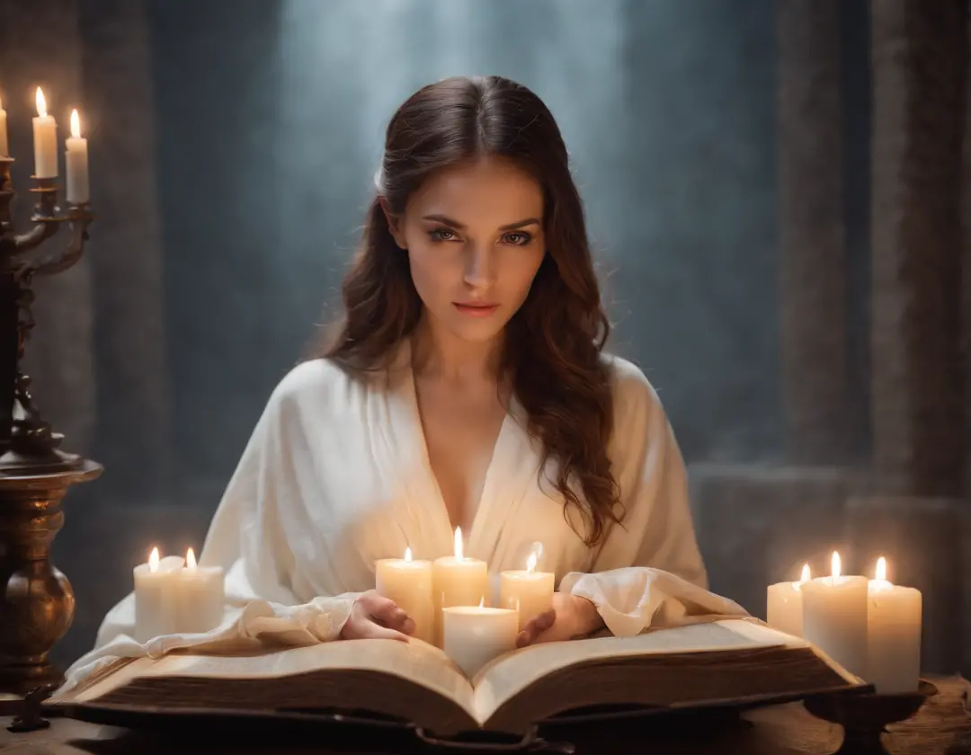 A beautiful magical woman in a white robe raised her hand, A circle of magic books scattered on the ground, Magic books and candles are placed around, Seven mirrors at different angles just above, Gloomy picture, vision, Depth of field, divine light, film ...