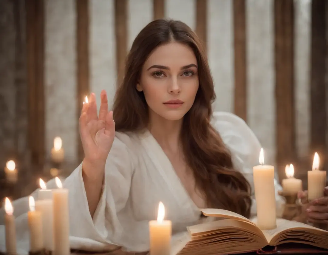 A beautiful magical woman in a white robe raised her hand, A circle of magic books scattered on the ground, Magic books and candles are placed around, Seven mirrors at different angles just above, Gloomy picture, vision, Depth of field, divine light, film ...