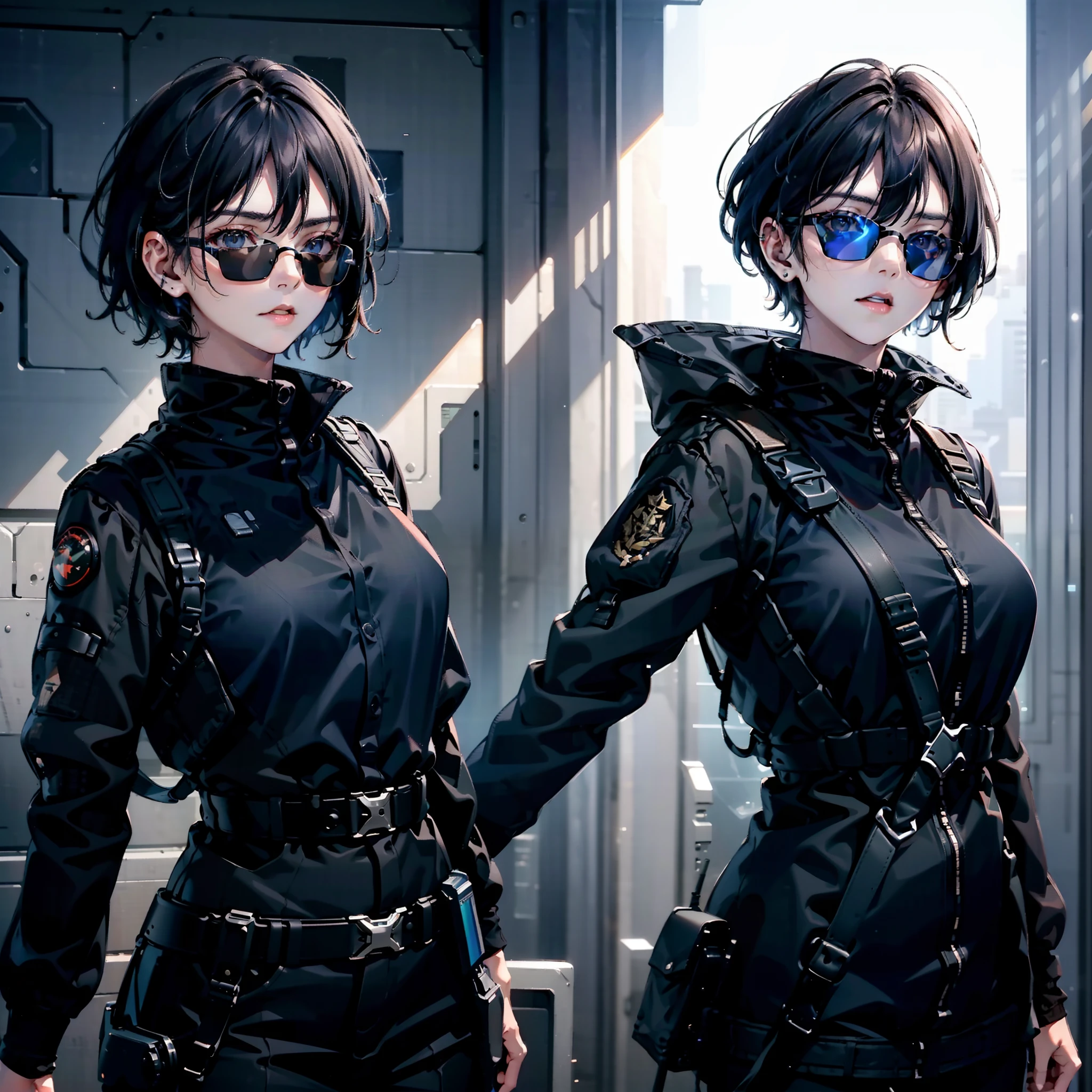 1woman, cool, short dark blue hair, pixie cut, dark brown eyes, sci fi, small eyes, sunglasses, light skin, wearing completely black military uniform as cape, tank top, isolated on completely pitch black background, high res, ultrasharp, 8K, masterpiece, looking at viewer, HDR, sharp focus, absurdres, bokeh