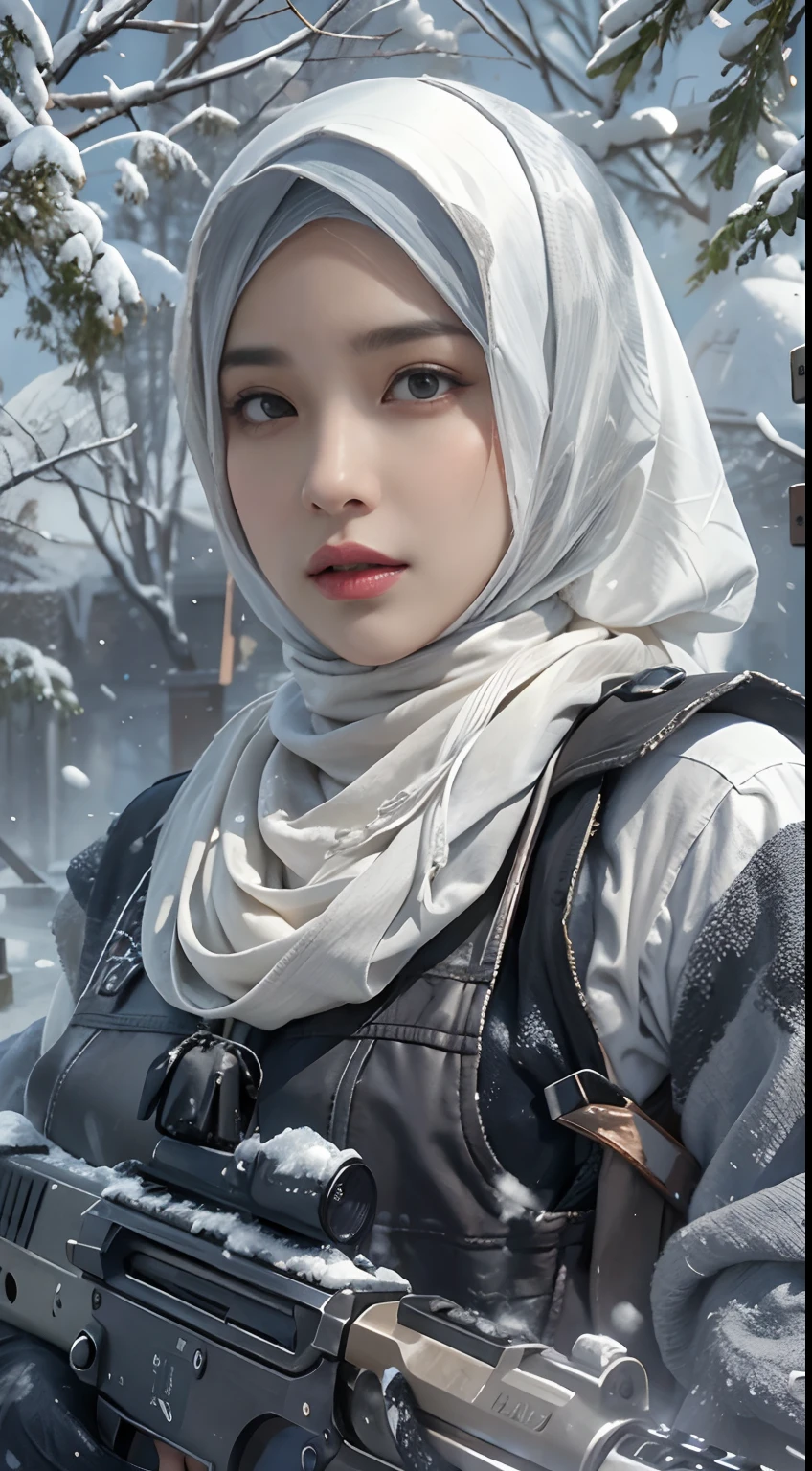 Photorealistic, high resolution, 1 malay woman in hijab, Solo, Hips up, Snow background，view the viewer, (Detailed face), White hijab, SWAT vests, Gun, jewelry