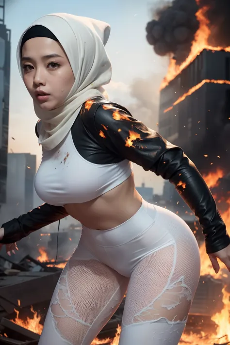 The heroine of the movie "GODZILLA Godzilla". A malay woman in hijab desperately fleeing from Godzilla in a devastated Los Angeles, hijab disheveled, white plain tshirt stained, white leggings torn, running through rubble. Crumbling buildings, burning flam...