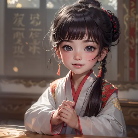 Cosy room,Chinese-style rooms,a little lovely kid girl,anatomy correct,wearing a hanfu,Delicate facial features,The skin is deli...