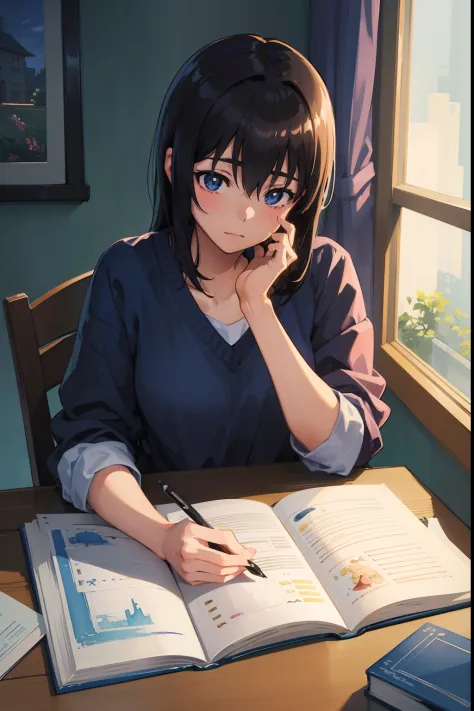 She sat down at the table，Holding a book and a pen, Pupils, studious, studying in a brightly lit room, trying to study、makoto sh...