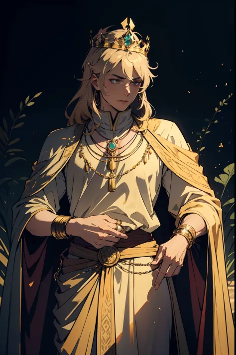 An image of a wealthy king, wearing a jeweled crown and other jewelry, holding coins in hand, background is springtime landscape, mood is productive constructive, bravery, power, daytime light, character design.