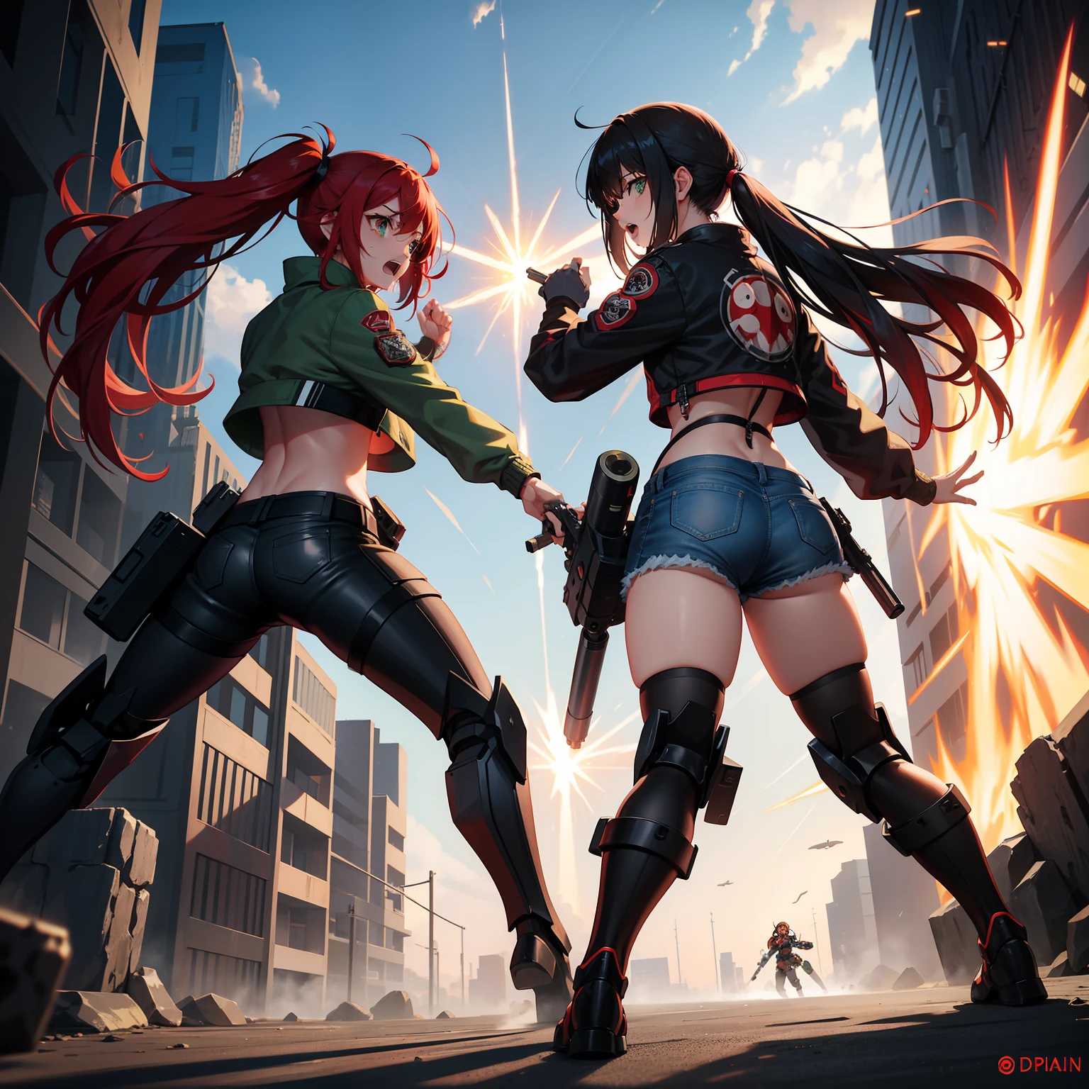 Dos chicas anime con trajes de cuero peleando en una ciudad. - SeaArt AI