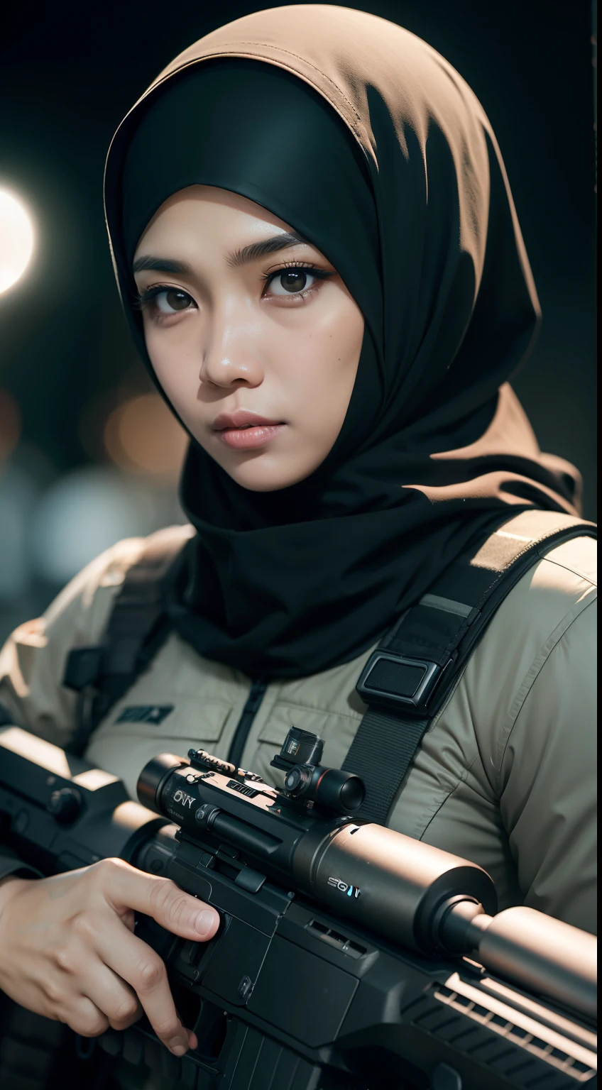 امرأة ماليزية محجبة في مهمة قاتلة مليئة بالأدرينالين, يحمل بندقية آلية, نظرة جادة, (سوني ألفا a7) (بوكيه الخلفية), وضعت بدقة, 8K الترا اتش دي