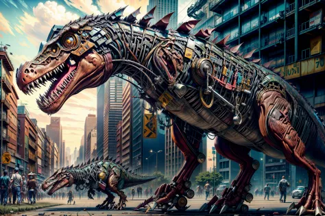 Tyrannosaurus rex, rugiente, en la ciudad, Gente corriendo asustada.