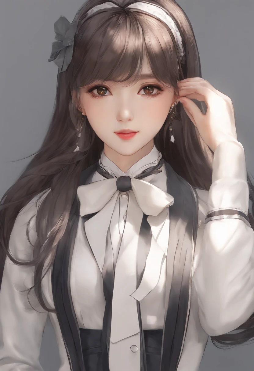 There's a woman with long hair wearing a white jacket and a bow tie, korean girl, realistic young anime girl, Chinese girl, anime girl in real life,  anime with long hair, white hime cut hairstyle, cute natural anime face, realistic anime 3d style,  pretty anime, with cute - fine - face, beautiful anime portrait, beautiful south korean woman