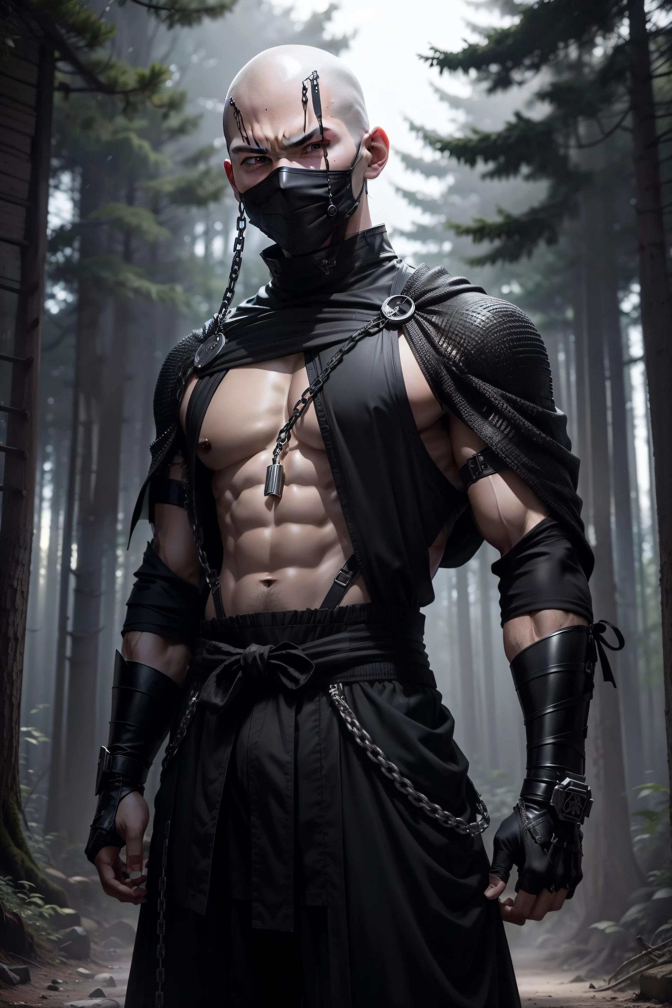 masutepiece、超A high resolution、Powerful images、8K、scene inside forest、eighteen-year-old boy、Shaved head、macho、Black ninja costume、chain mail、Niō Standing、Angry look、Wearing a white haori、