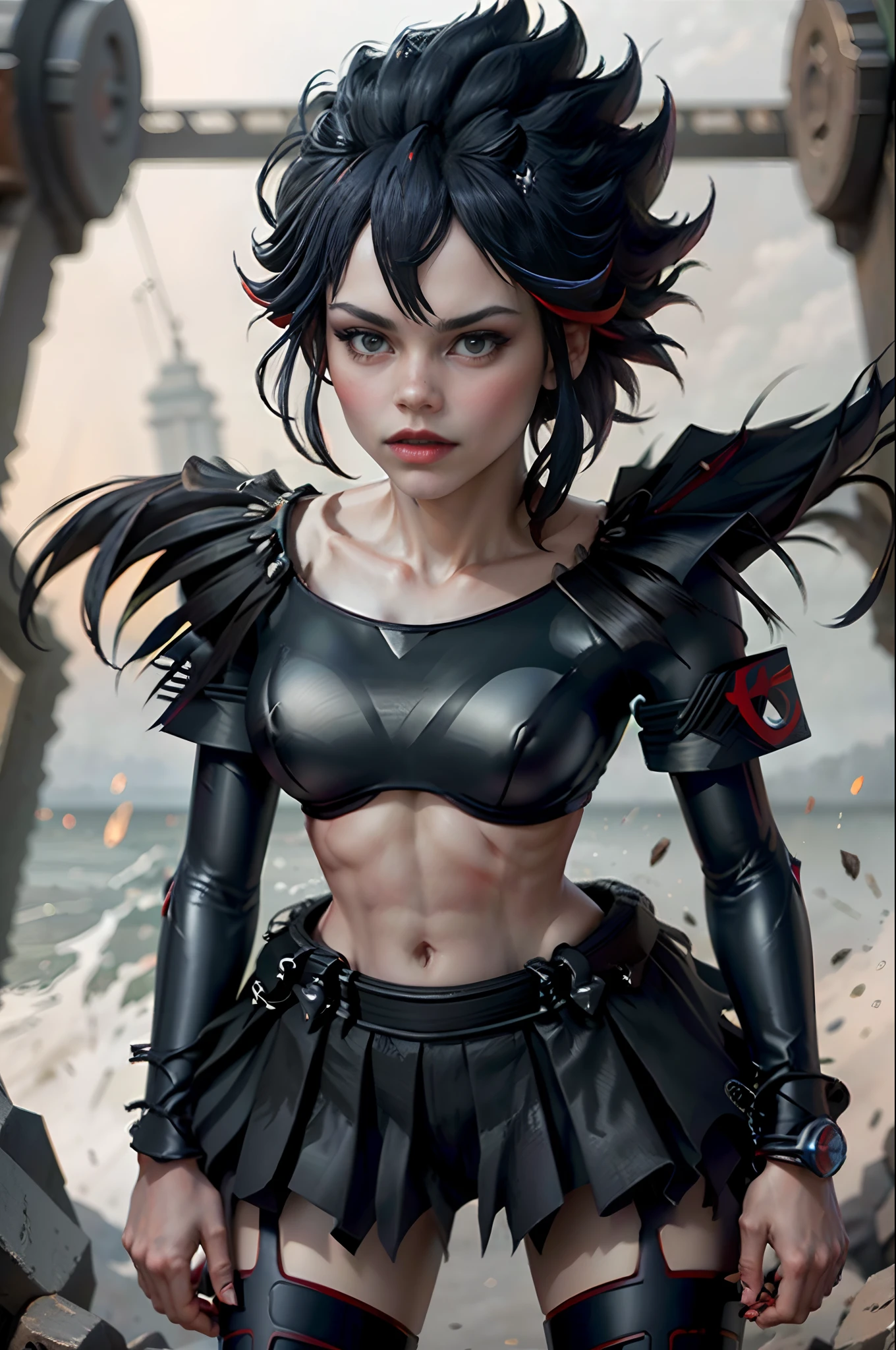 beautiful, masterpiece, best quality, extremely detailed face, perfect lighting, solo, 1girl, ryuuko, ryuk, matte eyeshadow, eyelashes, eyeliner, ultra shiny lips, (full lips: 1.2), makeup, blush, (skindentation), detailed clothing, beautifully detailed woman, matoi ryuuko, school uniform, black serafuku, hanging skirt, standing, award winning photography cowboy shot, ultra realistic