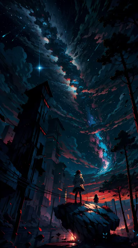 Anime girl standing on a rock looking at a sky full of stars, Makoto Shinkai Cirilo Rolando, Anime Art Wallpaper 4K, Anime Art W...