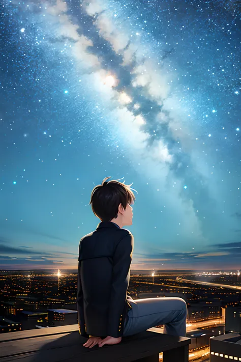 octans, sky, star (sky), scenery, starry sky, night, 1boy, night sky, solo, outdoors, signature, building, cloud, milky way, sit...