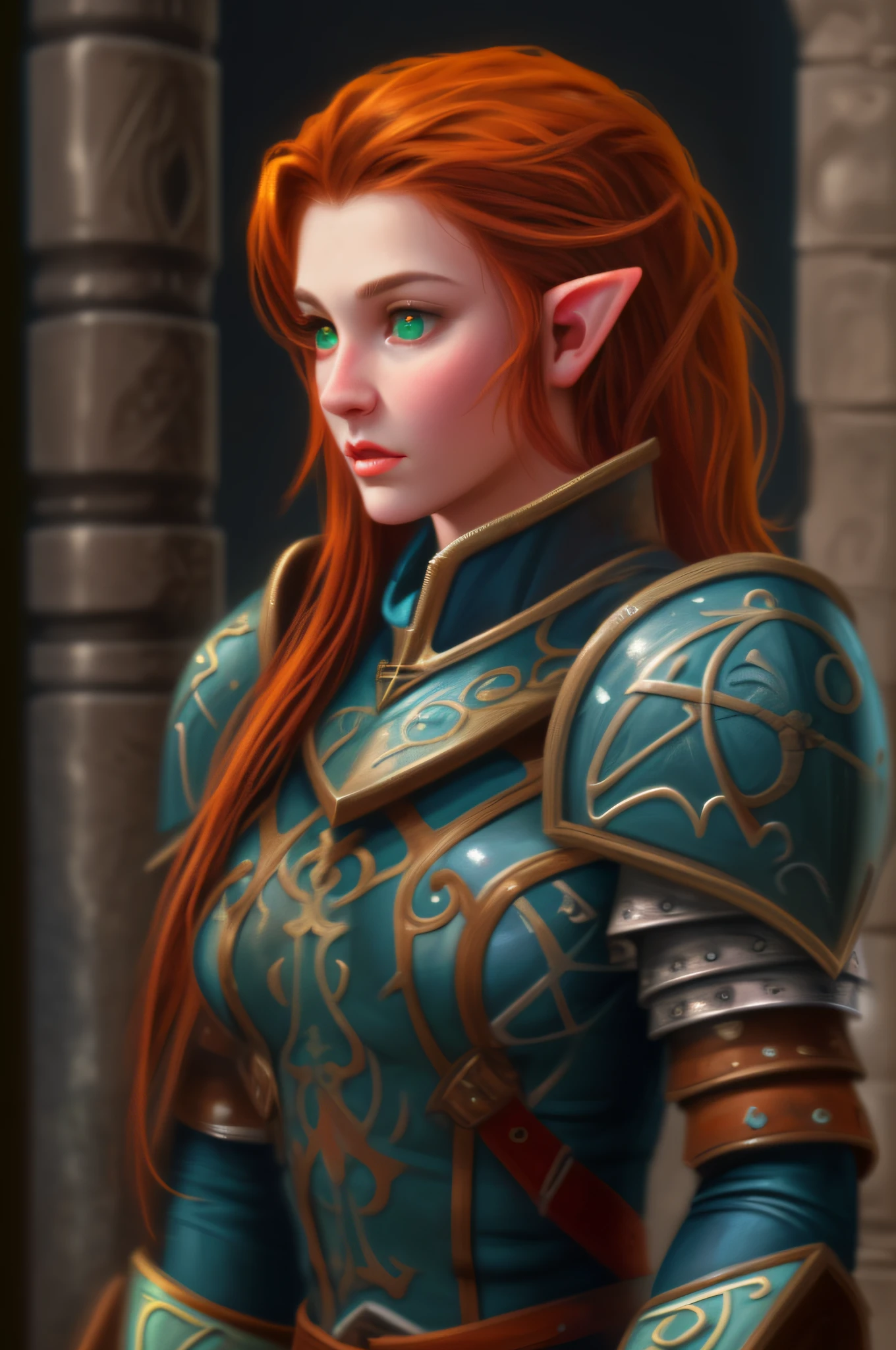 pixel art picture of a scene from Baldurs Gate, a portrait of a female elf cleric, red hair, green eyes, extremelley beautiful, ultra feminine, wearing heavy armor, GlowingRunes_paleblue from armor, ultra best realistic pictures , best details, best quality, 16k, [ultra detailed], masterpiece, best quality, (extremely detailed), ultra wide shot, photorealism, depth of field, hyper realistic painting