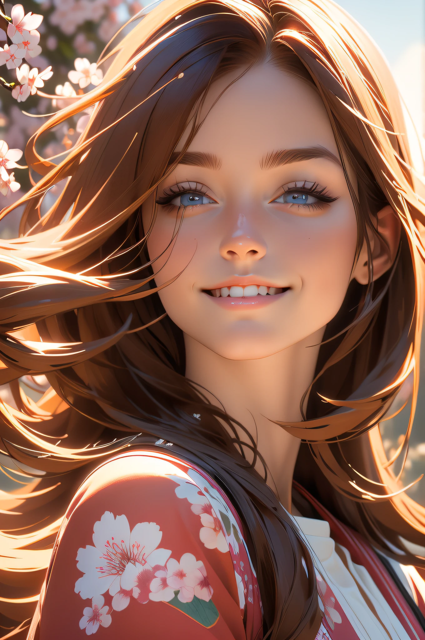 Masterpiece:1.2, high quality, best quality, high resolution, detailed, hyper realistic, 1girl, medium brown hair, blue eyes, head tilt, sunset, birds flying, cherry blossom, Portrait, closed eyes, smile, showing teeth, (detailed face), ((sharp focus)), ((face)), upper_body