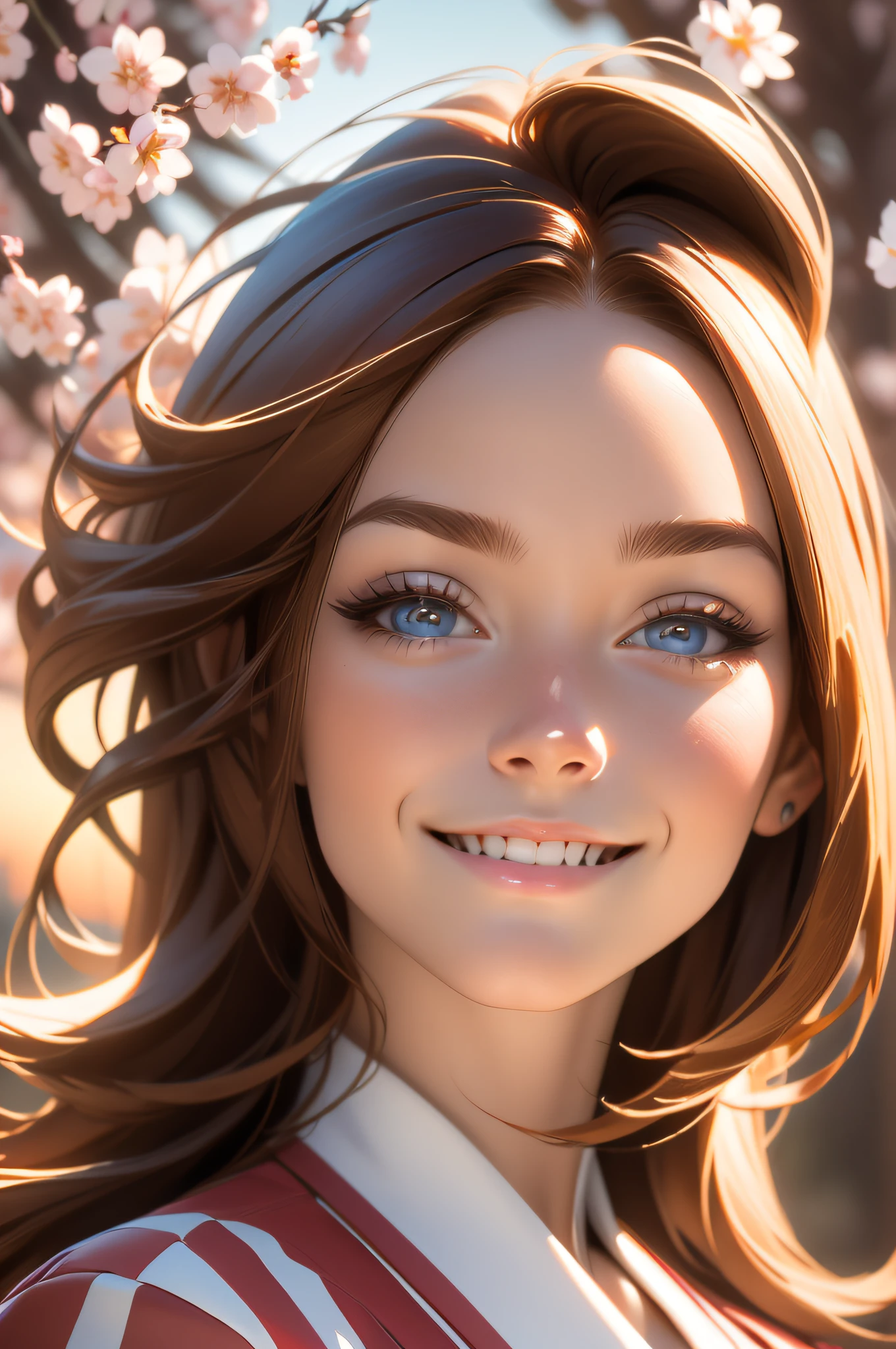 Masterpiece:1.2, high quality, best quality, high resolution, detailed, hyper realistic, 1girl, medium brown hair, blue eyes, head tilt, sunset, birds flying, cherry blossom, Portrait, closed eyes, smile, showing teeth, (detailed face), ((sharp focus)), ((face)), upper_body