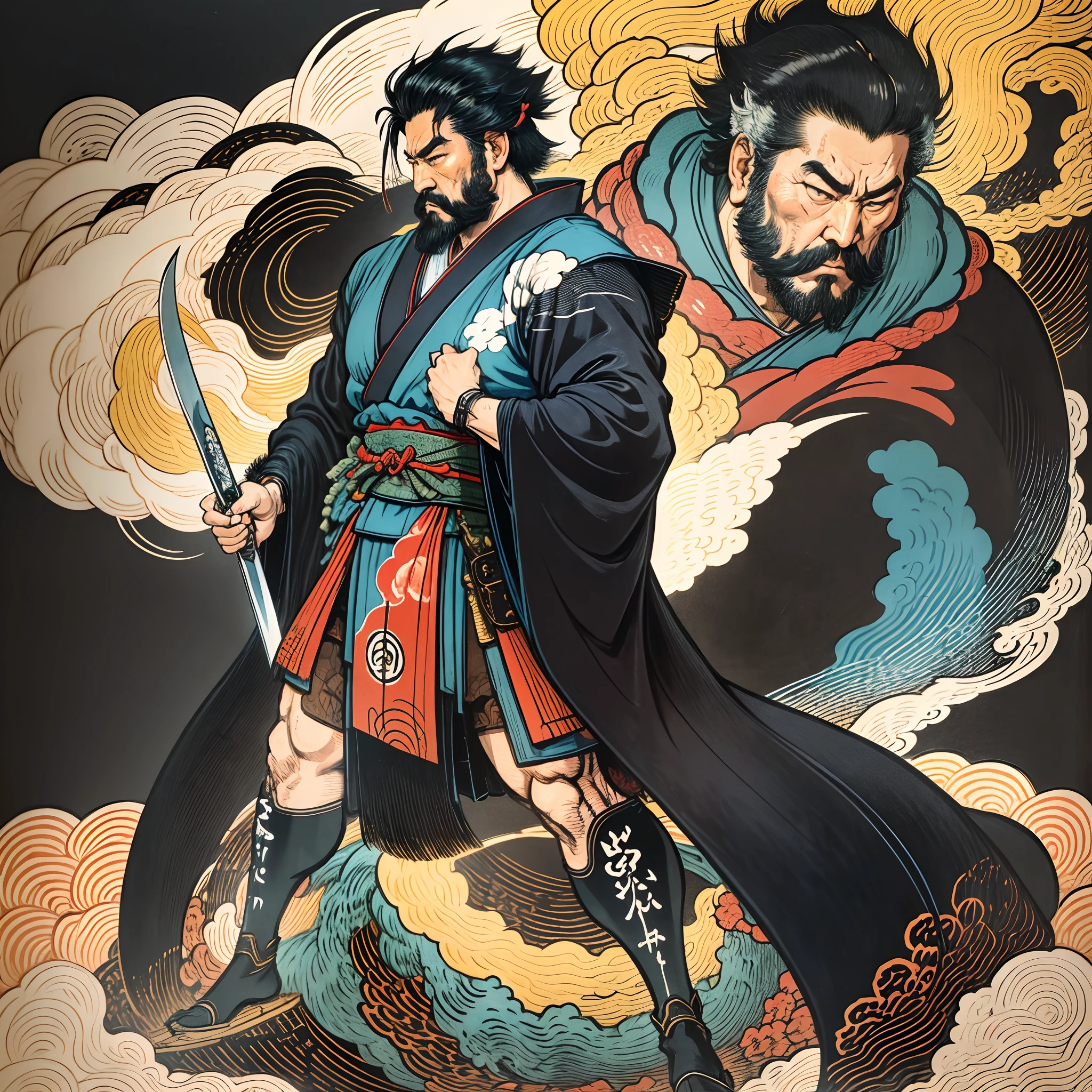 It is a full-body painting with natural colors with Katsushika Hokusai-style line drawings. The swordsman Miyamoto Musashi has a big body like a strongman. Samurai of Japan. He has a dignified yet manly expression of determination, short black hair, and a short, trimmed beard. His upper body is covered in a black kimono and his hakama is knee-long. In his right hand he holds a Japan sword. In the highest quality, in the high-resolution ukiyo-e style lightning and swirling flames of the masterpiece. Miyamoto Musashi stands with his face and body facing forward, his back straight.