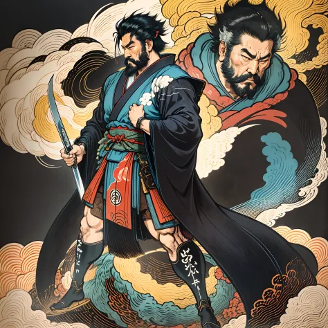 It is a full-body painting with natural colors with Katsushika Hokusai-style line drawings. The swordsman Miyamoto Musashi has a...