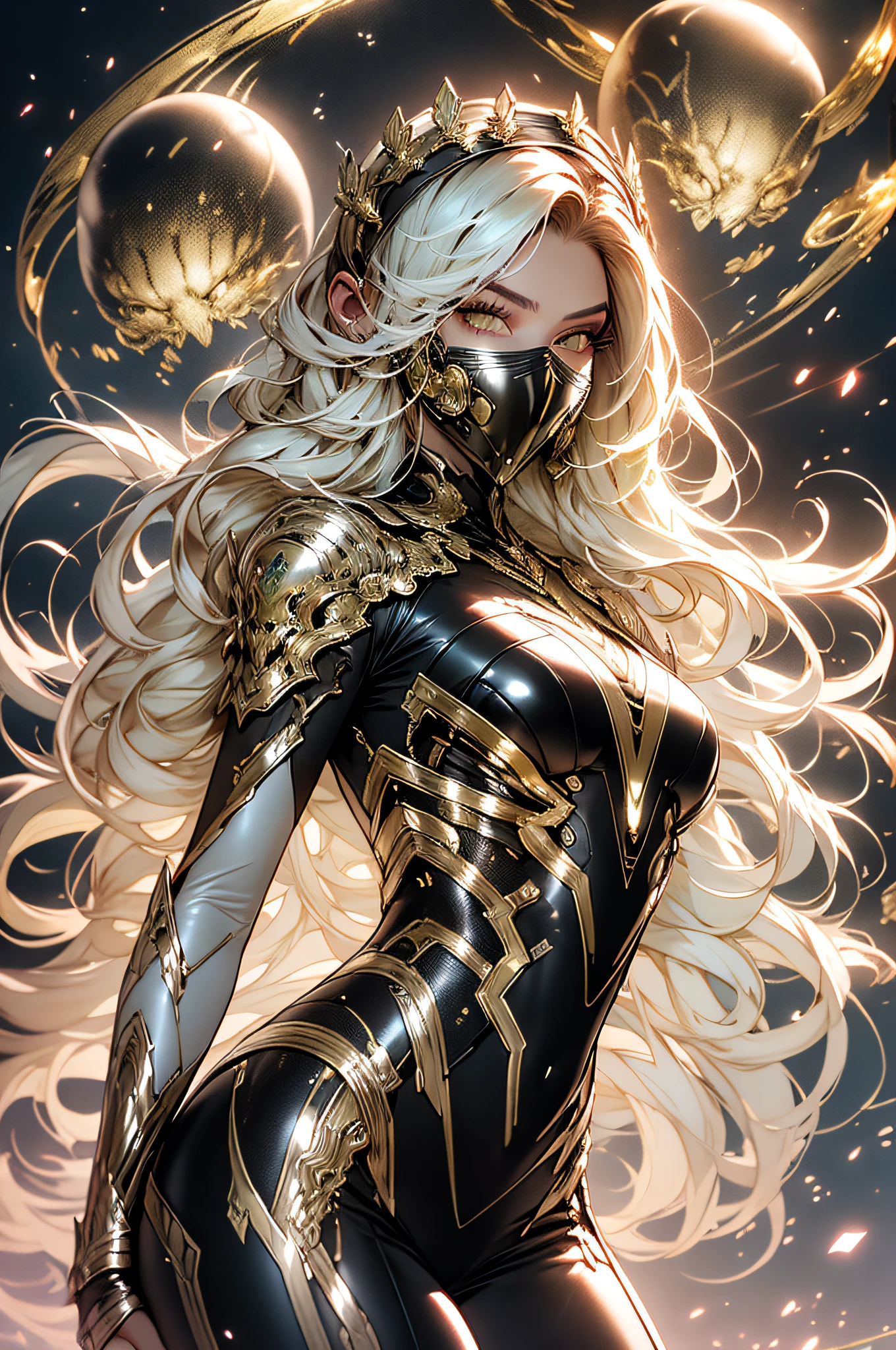 Woman in a golden transparent dress,high-heels, (((Breasts huge, cleavage large))),Waist slender,(umbigo baring,bare waist), long  hair, ultra-detailed details,Zhenyi Station top of the range, Storm location, detailed fantasy art, stunning character art, Beautiful and exquisite character art, Beautiful gold and silver armor, extremely detaild,  in shining armor, Tiaras and exquisite jewelry,crystal jewelry filigree, full body capture, milky ways, stunning visuals, (dynamic streaks, light trails:1.2), swirly vibrant colors,