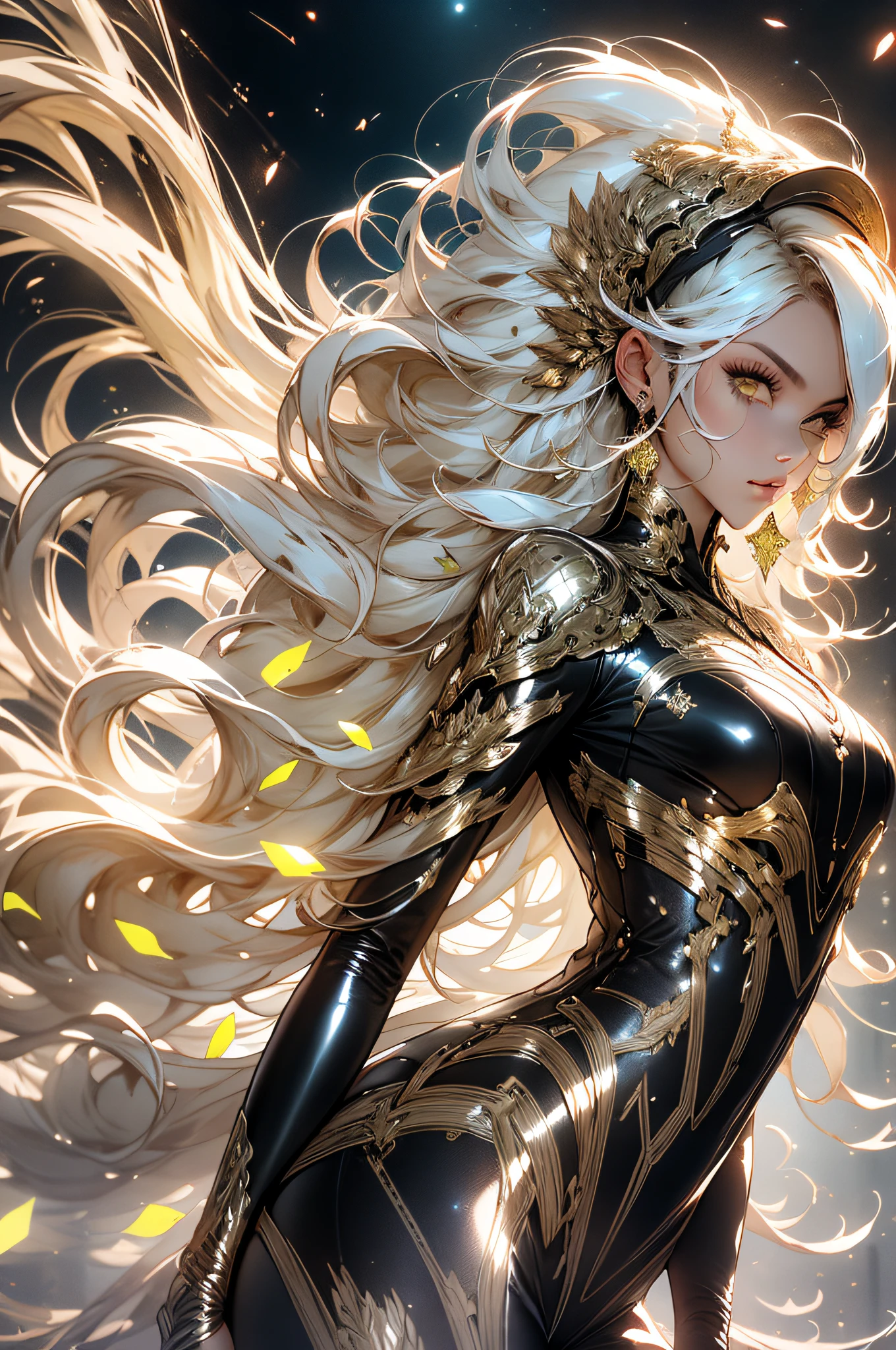 Woman in a golden transparent dress,high-heels, (((Breasts huge, cleavage large))),Waist slender,(umbigo baring,bare waist), long  hair, ultra-detailed details,Zhenyi Station top of the range, Storm location, detailed fantasy art, stunning character art, Beautiful and exquisite character art, Beautiful gold and silver armor, extremely detaild,  in shining armor, Tiaras and exquisite jewelry,crystal jewelry filigree, full body capture, milky ways, stunning visuals, (dynamic streaks, light trails:1.2), swirly vibrant colors,