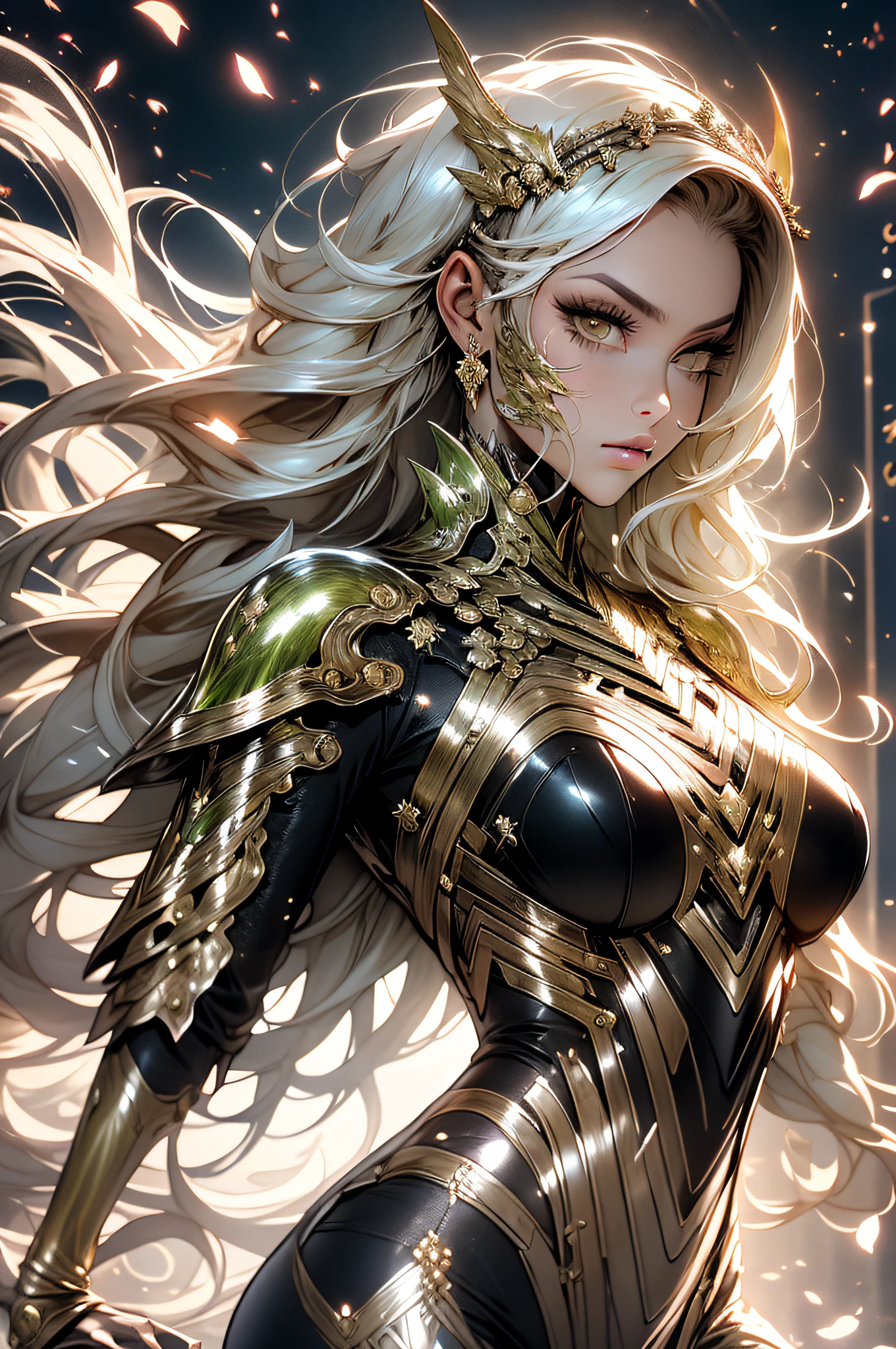 Woman in a golden transparent dress,high-heels, (((Breasts huge, cleavage large))),Waist slender,(umbigo baring,bare waist), long  hair, ultra-detailed details,Zhenyi Station top of the range, Storm location, detailed fantasy art, stunning character art, Beautiful and exquisite character art, Beautiful gold and silver armor, extremely detaild,  in shining armor, Tiaras and exquisite jewelry,crystal jewelry filigree, full body capture, milky ways, stunning visuals, (dynamic streaks, light trails:1.2), swirly vibrant colors,