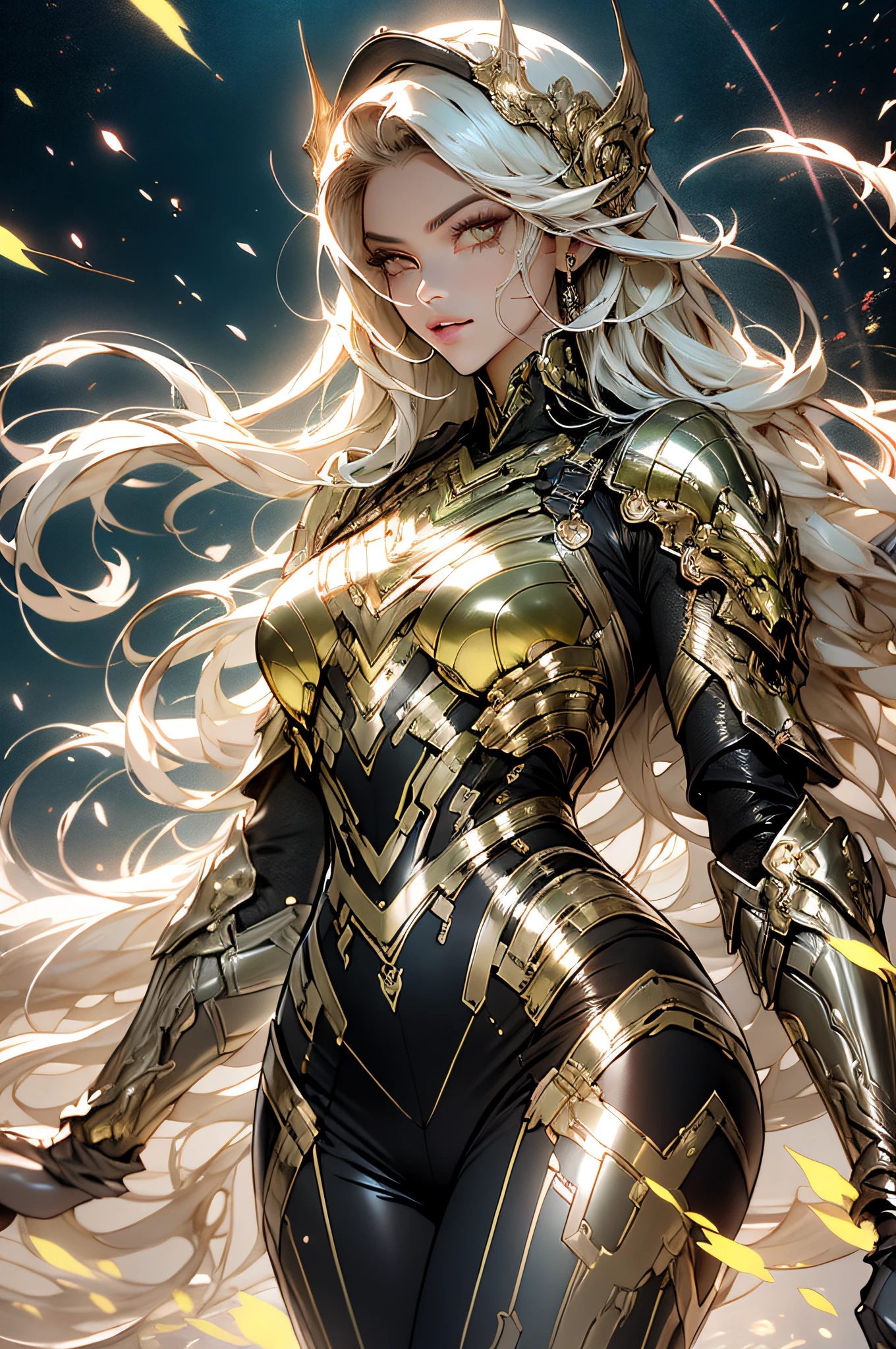 A woman in a gold armor suit with long hair and a sword - SeaArt AI