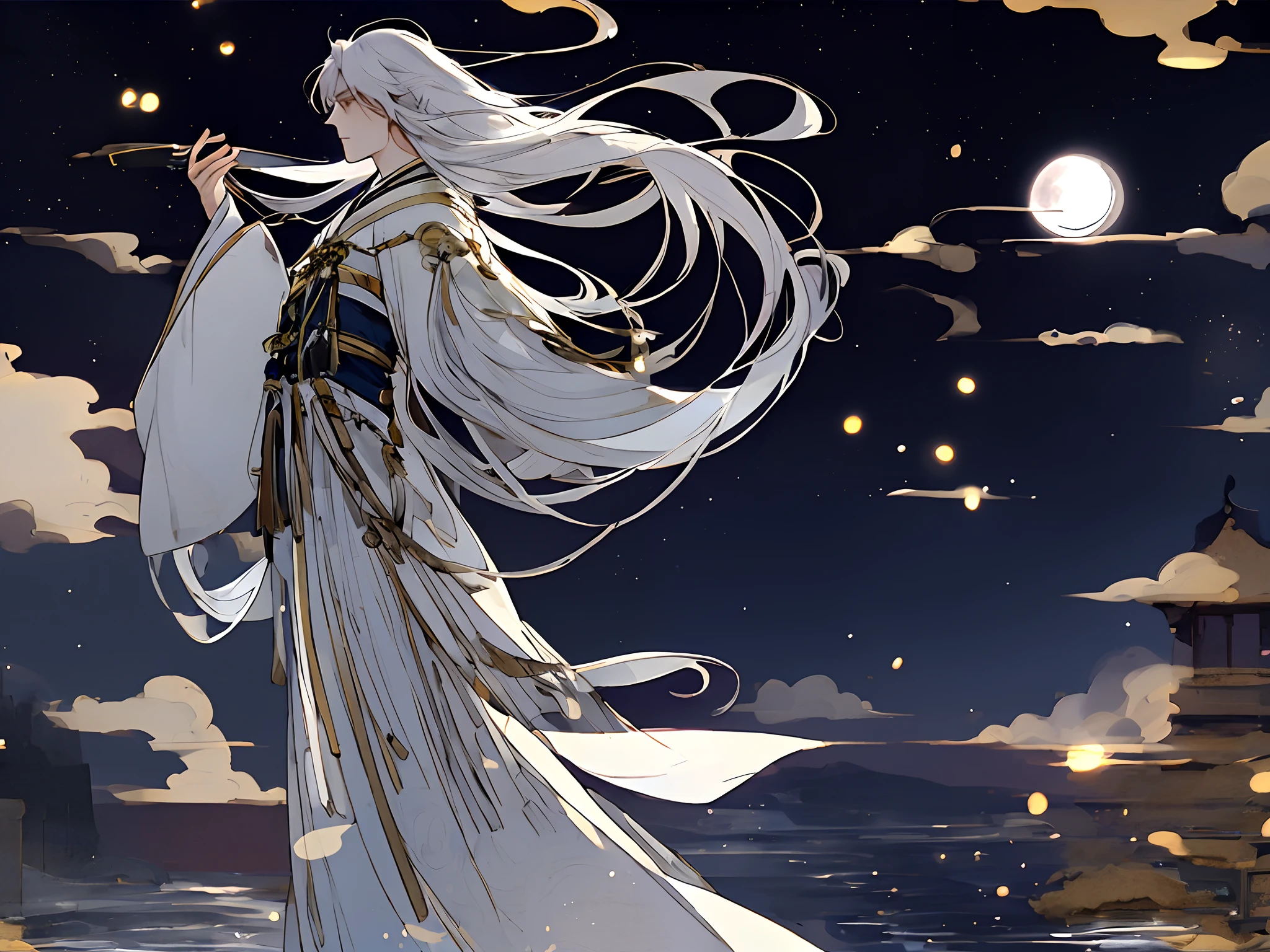 The male，Male，White Hanfu，long  white hair，Long flowing hair，Wide robe with large sleeves，Ancient wind，Solid color clothes，The clothes do not have any patterns，laughingly，softlighting，water ink，Behind it is the full moon，low-saturation，low-contrast，led floodlights