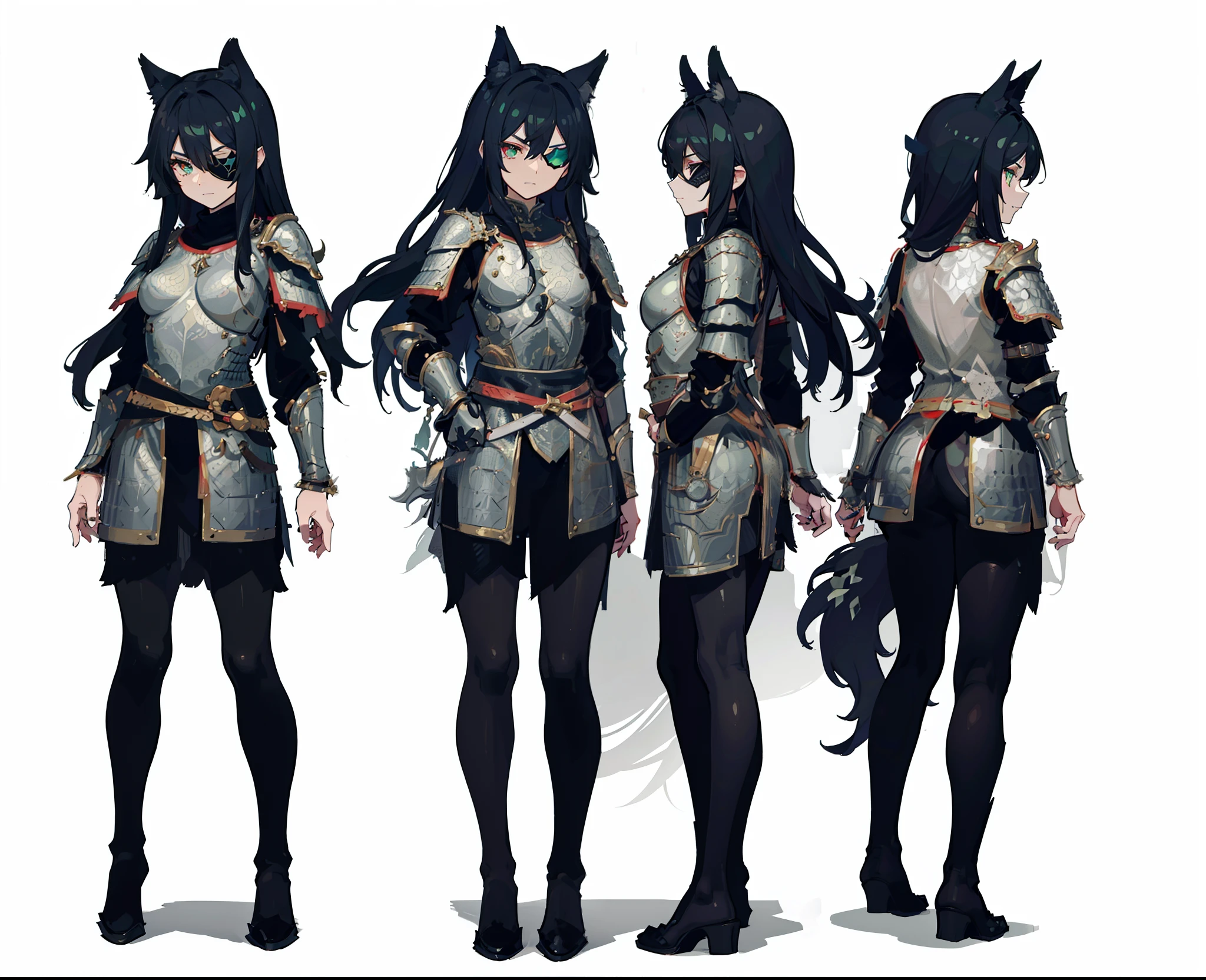 1girl, reference sheet, matching outfit, (fantasy character design, front angles, side angles, rear angles) Alistair, Demi-Human character design. Lithe and agile frame, feminine appearance. Striking emerald eyes with a mischievous glint, gemstone eye patch, eyepatch, eye-patch, 1armor, mythril, exquisite craftsmanship, shimmering scales, scaled armor. Long jet-black hair, intricate arcane symbols on attire. Wolf-like ears and tail, distinctive Demi-Human features. (masterpiece:1.2), (best quality:1.3).