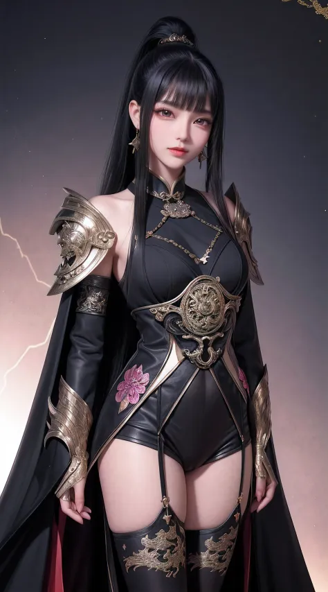 China,Dark Big Oriental eyes,Black long hair gathered in a Chinese ponytail,leather cloak, with metal shoulder pads,scatters star rays,fantasy ,Blend of black gold,colorful Pattern, Dragon Pattern Road, prince, palace,Lightning effect,arms behind back,hand...