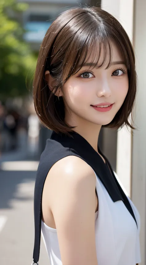 masutepiece, Best Quality, Illustration, Ultra-detailed, finely detail, hight resolution, 8K Wallpaper, Perfect dynamic composition, Beautiful detailed eyes, Women's Fashion Summer,Short bob hair,mid-chest, Natural Color Lip, Bold sexy poses,Smile,Harajuku...