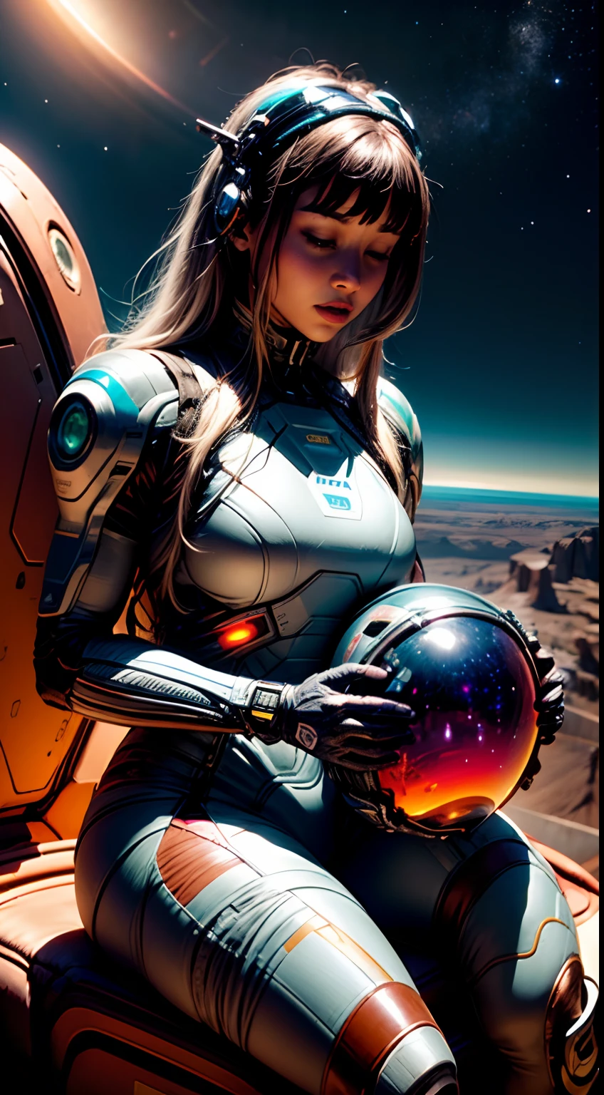 portrait of a female astronaut wearring a futuristic spacesuit , sitting in a breath taking garden full of vibrant flowers bloom, butterflies flying around in a cinematic scene on mars planet.
the suit helmet reflects the warm sunlight, above a mesmerizing galaxy stretches across the sky, adorned with distant planets that twinkle with an otherworldly beauty. the scene is a captivating fusion of earthly 
and extraterrestrial wonders