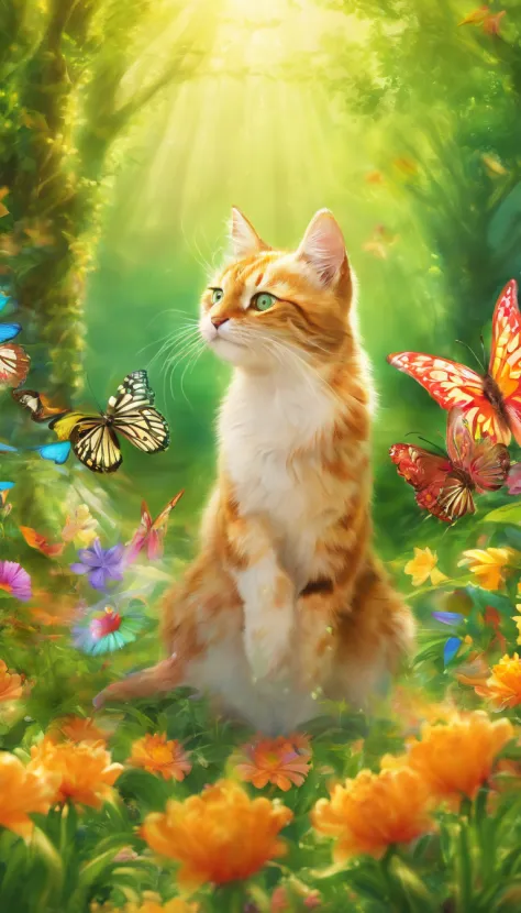 (best quality,4k,8k,highres,masterpiece:1.2),ultra-detailed,(realistic,photorealistic,photo-realistic:1.37), whiskers playfully pounces on colorful butterflies, sun-drenched park, vibrant colors, soft and warm sunlight, glowing flowers, lush green grass, s...