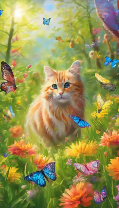(best quality,4k,8k,highres,masterpiece:1.2),ultra-detailed,(realistic,photorealistic,photo-realistic:1.37), whiskers playfully pounces on colorful butterflies, sun-drenched park, vibrant colors, soft and warm sunlight, glowing flowers, lush green grass, s...