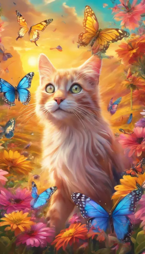 (Whiskers playfully pounces on colorful butterflies in the sun-drenched park),(photorealistic:1.37) illustration, vibrant colors, golden hour lighting