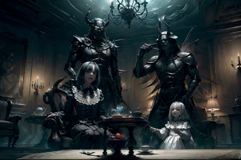 ESTA IMAGEM, Captured through a 35mm lens, presents a dreamlike concept of a living room at night. The white table glows under the soft night lighting, while two female demons, wearing greyish and translucent servant costumes, serve a feast for the demon H...