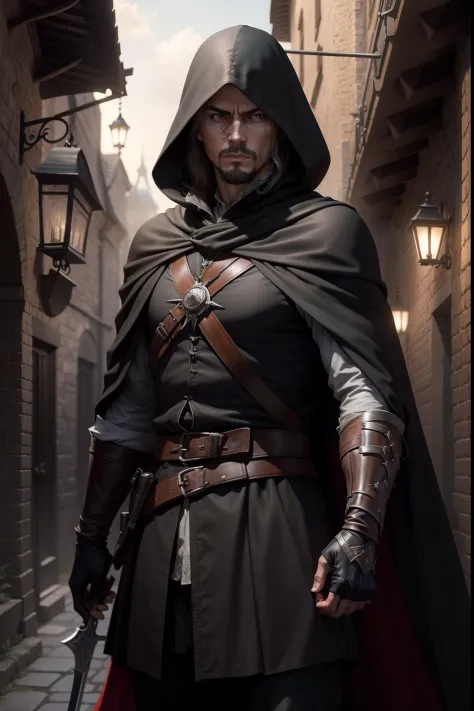 Assassins in black cape and hood in dark alley of the seventeenth century