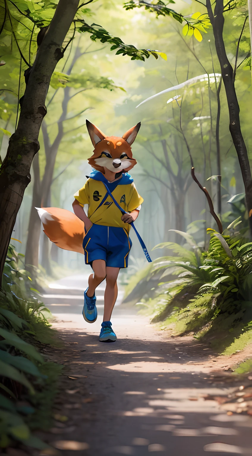 There's a boy running around with a fox on a leash, the furry fursuit is running, anthropomorphic fox, uma raposa antro, an anthropomorphic fox, Nick Wilde, Zootopia, Nick Wilde, Correndo livremente, personagem peludo, peludos usando caudas, tonic the fox, raposa, raposa nobushi, Fursona